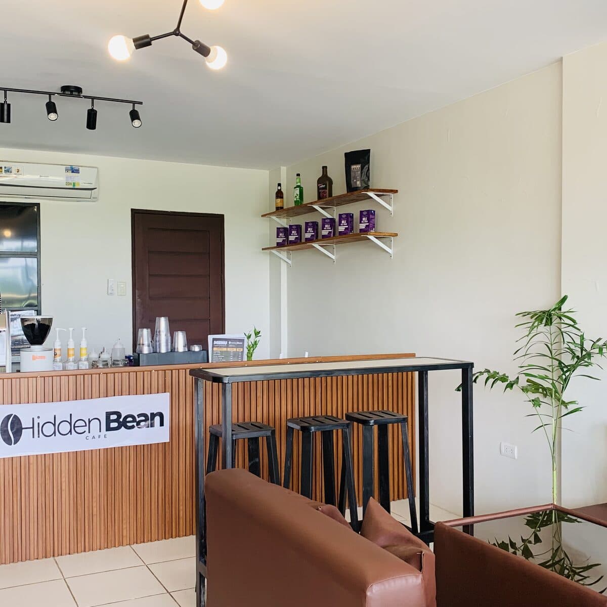 The service counter and bar stools beneath the Hidden Bean sign